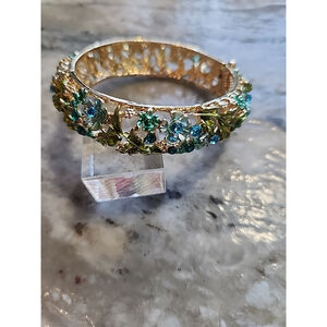 Floral Enamel Alloy Bangle Bracelet Rhinestones Blue Green New